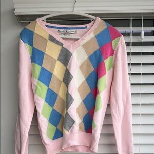 Tommy Hilfiger Pastel Pink Argyle V-Neck Sweater with Multicolor Diamonds